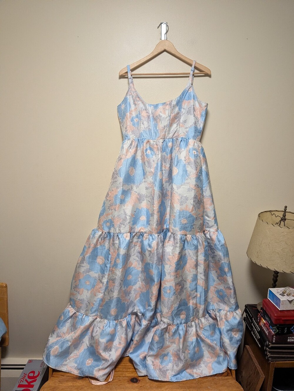 Lulus Floral Tiered Maxi Dress XL Blue Peach Lace Up Back NWT